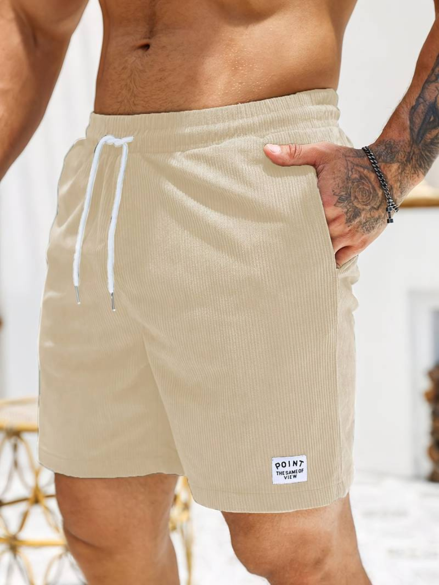 Mens shorts with drawstring waist and side pockets, ribbed design