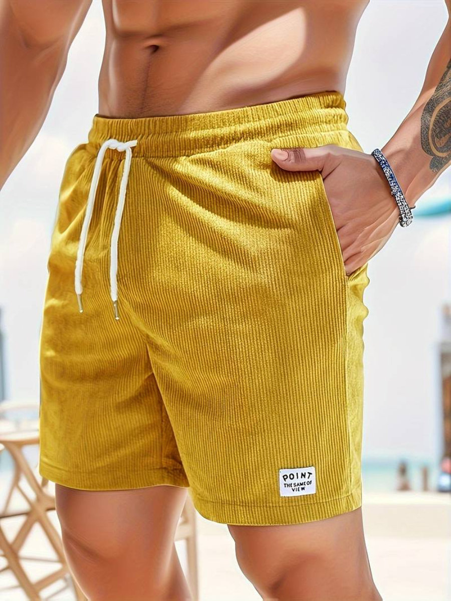 Mens shorts with drawstring waist and side pockets, ribbed design