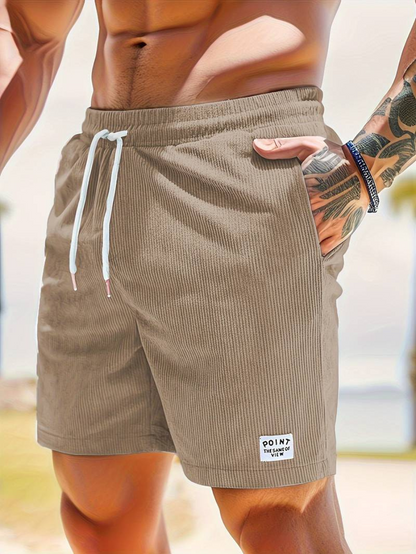 Mens shorts with drawstring waist and side pockets, ribbed design