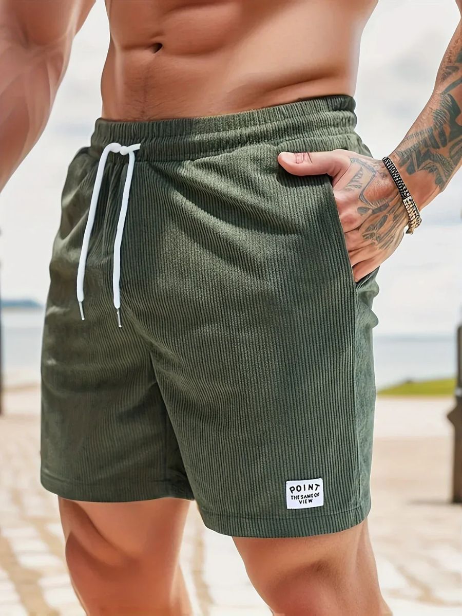 Mens shorts with drawstring waist and side pockets, ribbed design