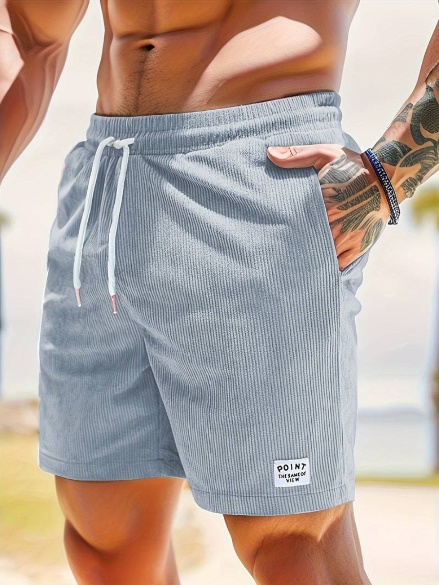Mens shorts with drawstring waist and side pockets, ribbed design