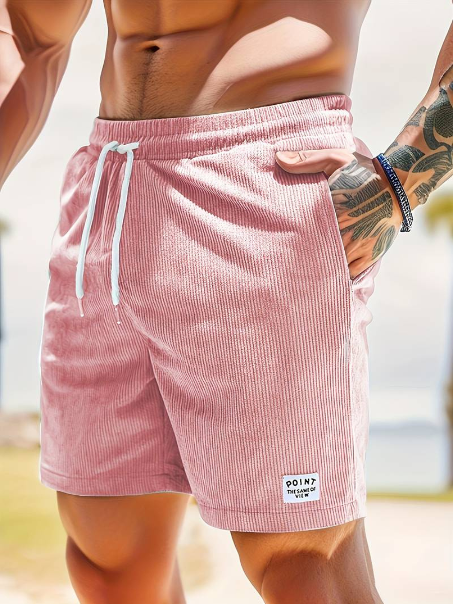 Mens shorts with drawstring waist and side pockets, ribbed design