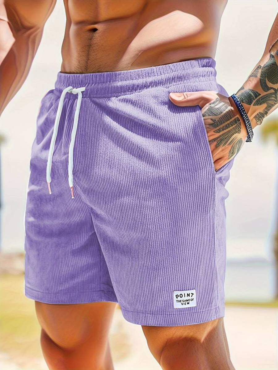 Mens shorts with drawstring waist and side pockets, ribbed design