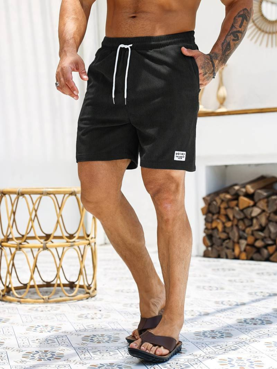 Mens shorts with drawstring waist and side pockets, ribbed design