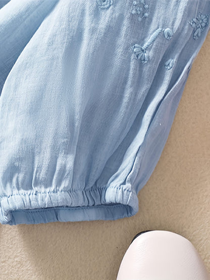 Embroidered blouse for women with ruffle neckline and half sleeves