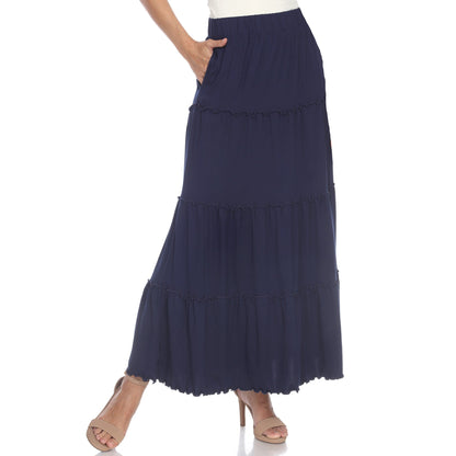 Tiered maxi skirt for women with ruffled hem, A-line fit and side pockets