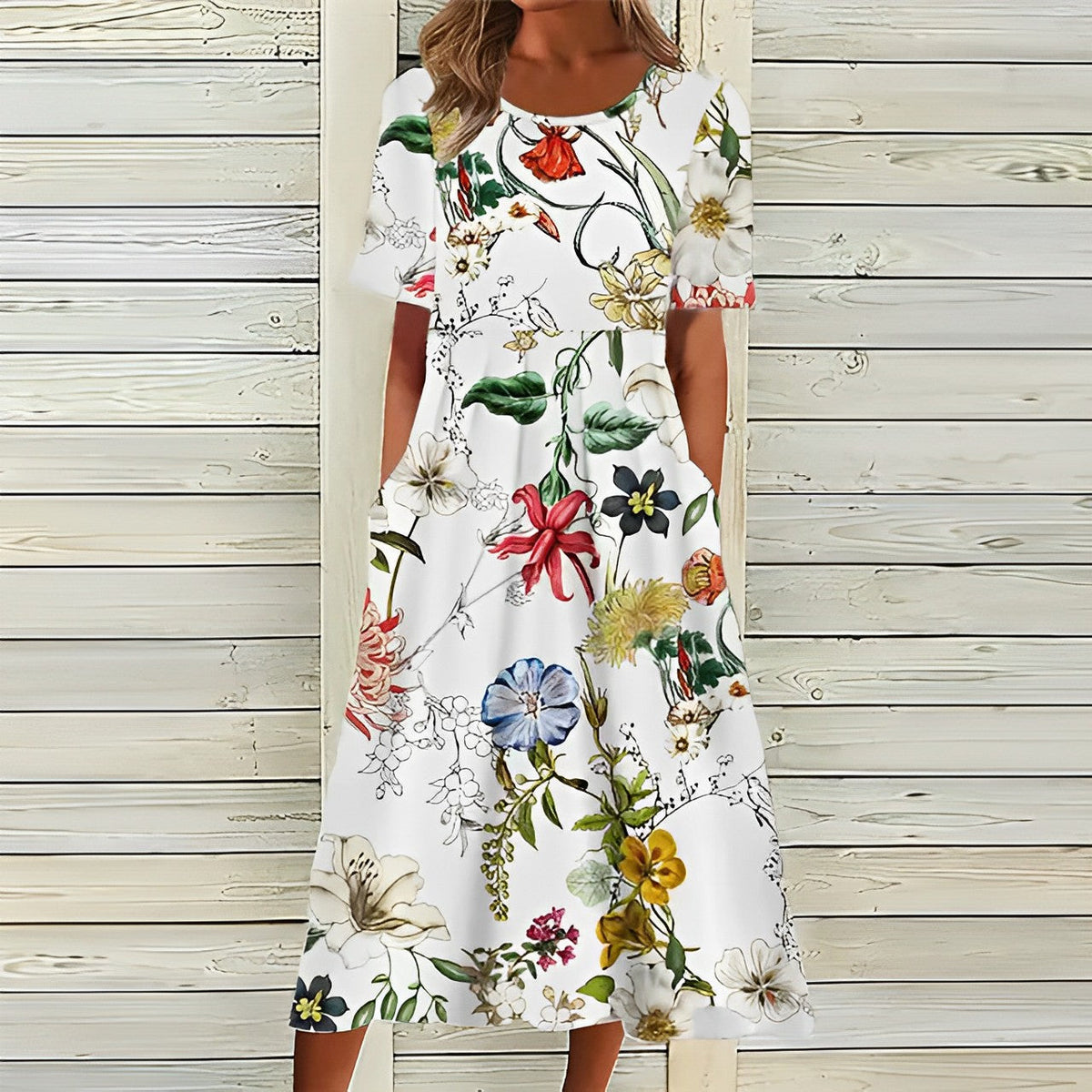 Summer dresses for women, floral midi dress with round neckline and A-line skirt