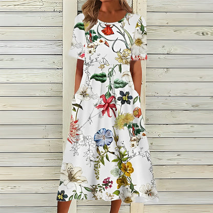 Summer dresses for women, floral midi dress with round neckline and A-line skirt