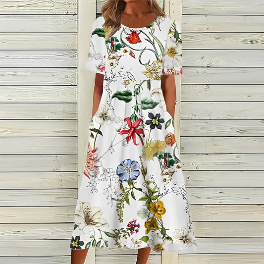 Summer dresses for women, floral midi dress with round neckline and A-line skirt