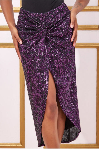 Sequin skirt with knot front and split hem for women, midi length