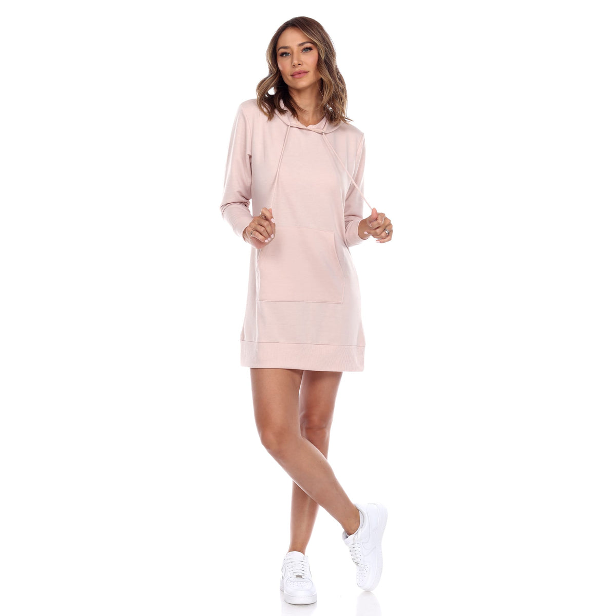 Hooded mini dress for women with long sleeves and front pocket