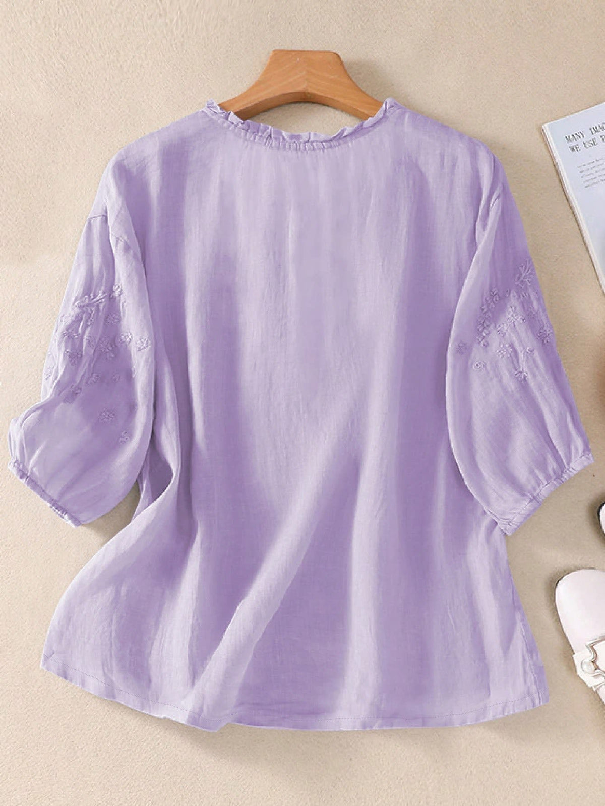 Embroidered blouse for women with ruffle neckline and half sleeves