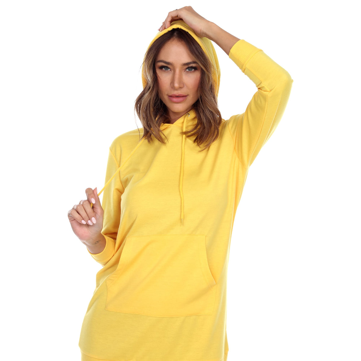 Hooded mini dress for women with long sleeves and front pocket