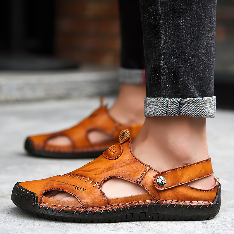 Men sandals with closed toe and back strap fastening