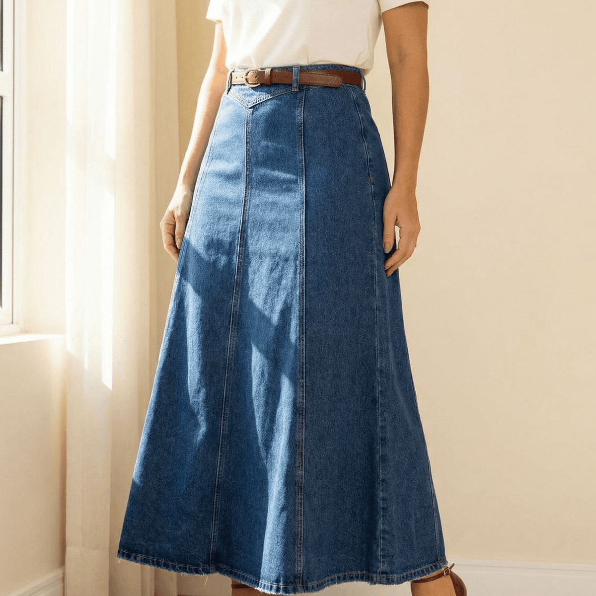Denim maxi skirt with high waist and A-line shape for women