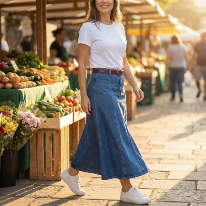 Denim maxi skirt with high waist and A-line shape for women