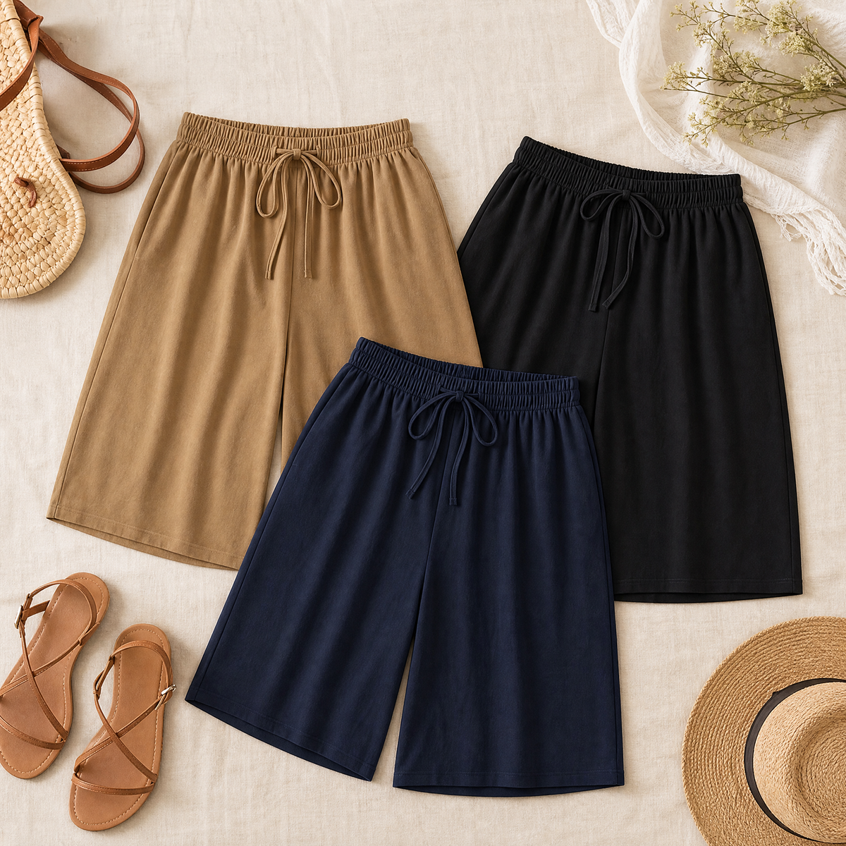 Womens shorts with wide leg and drawstring waist, knee length