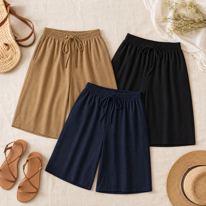 Womens shorts with wide leg and drawstring waist, knee length
