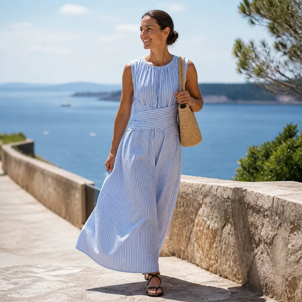 Sleeveless maxi dresses for women with crossover wrap waist