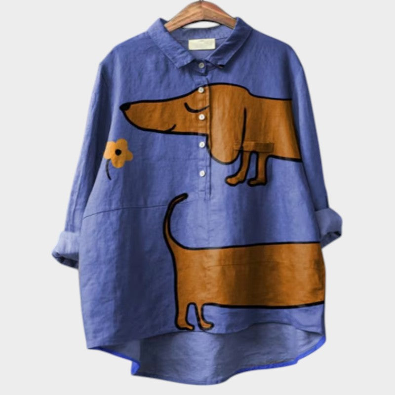 Blouse for women with dog print, long sleeve and half button placket