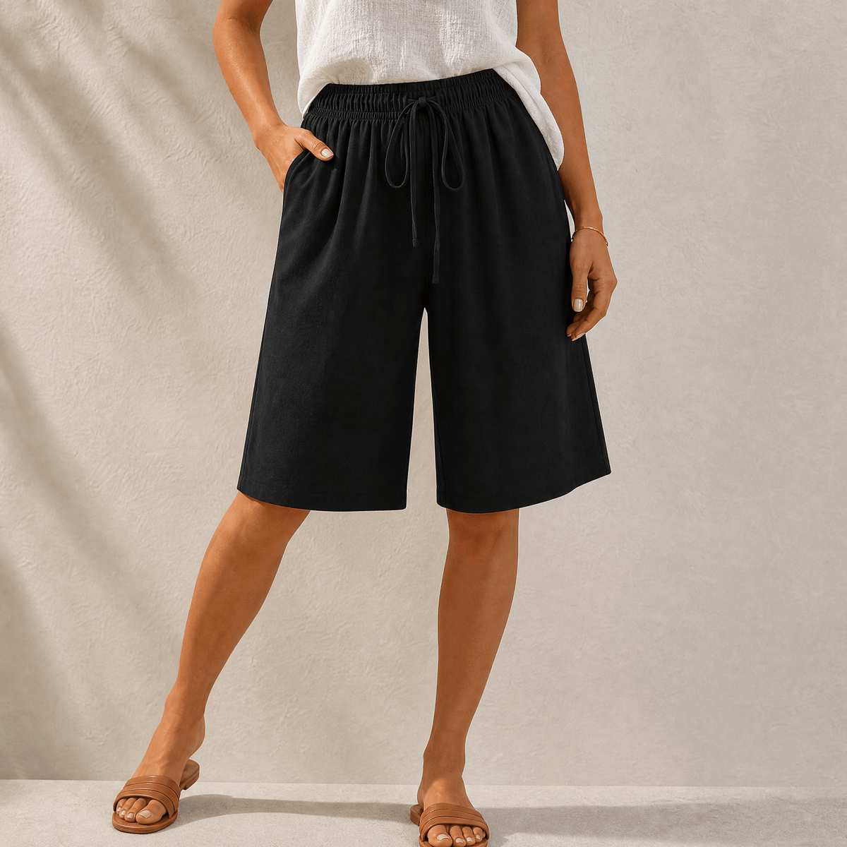 Womens shorts with wide leg and drawstring waist, knee length
