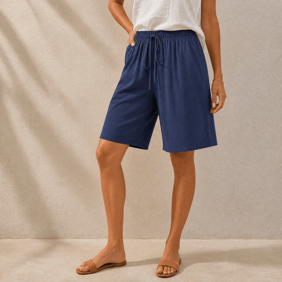 Womens shorts with wide leg and drawstring waist, knee length