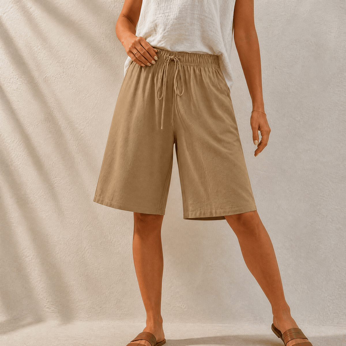 Womens shorts with wide leg and drawstring waist, knee length