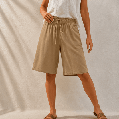 Womens shorts with wide leg and drawstring waist, knee length