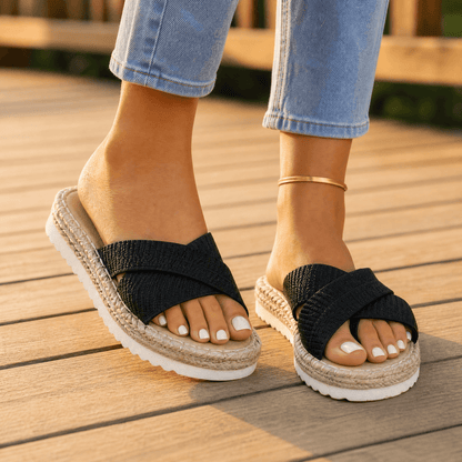 Women sandals with ribbed cross strap upper and flatform sole