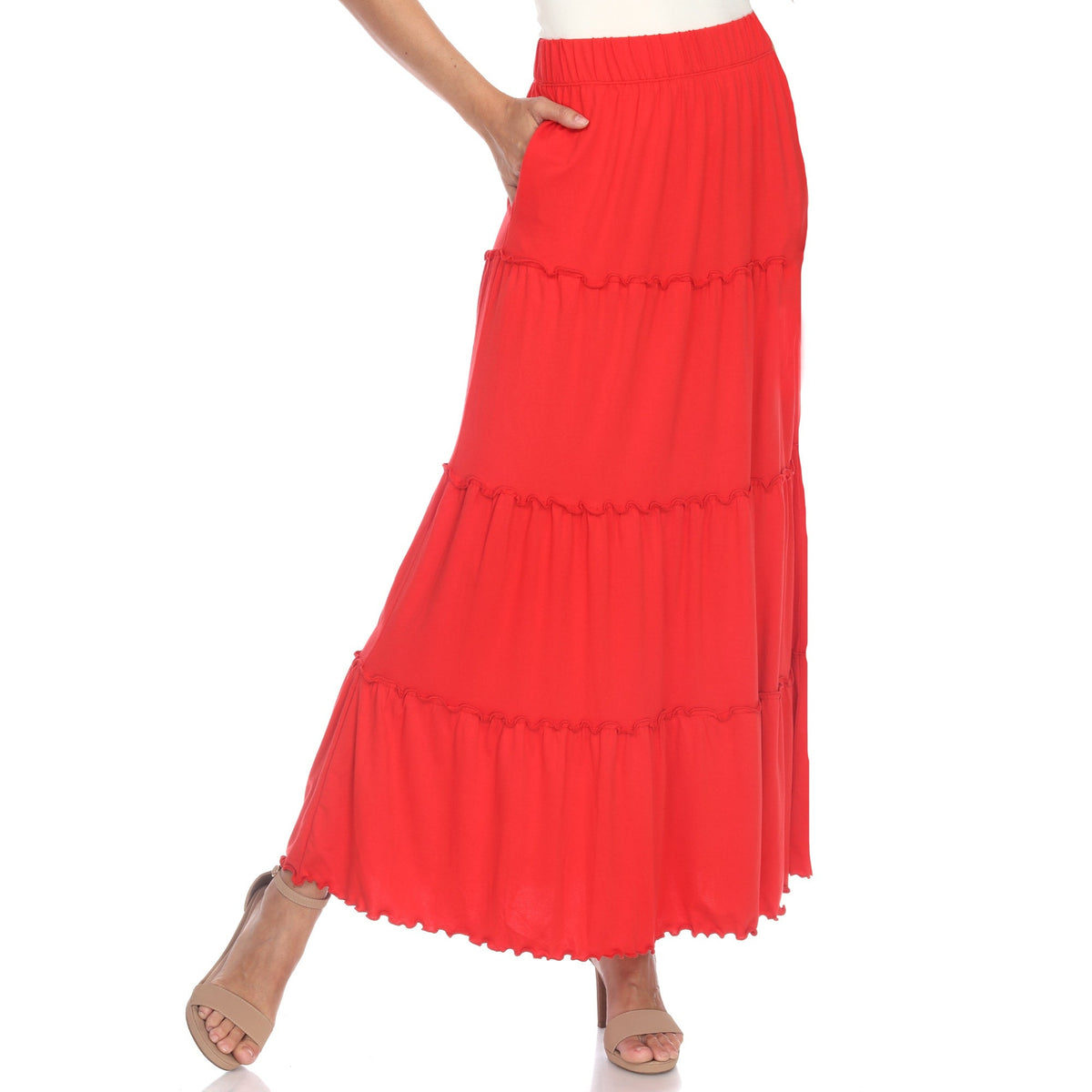 Tiered maxi skirt for women with ruffled hem, A-line fit and side pockets