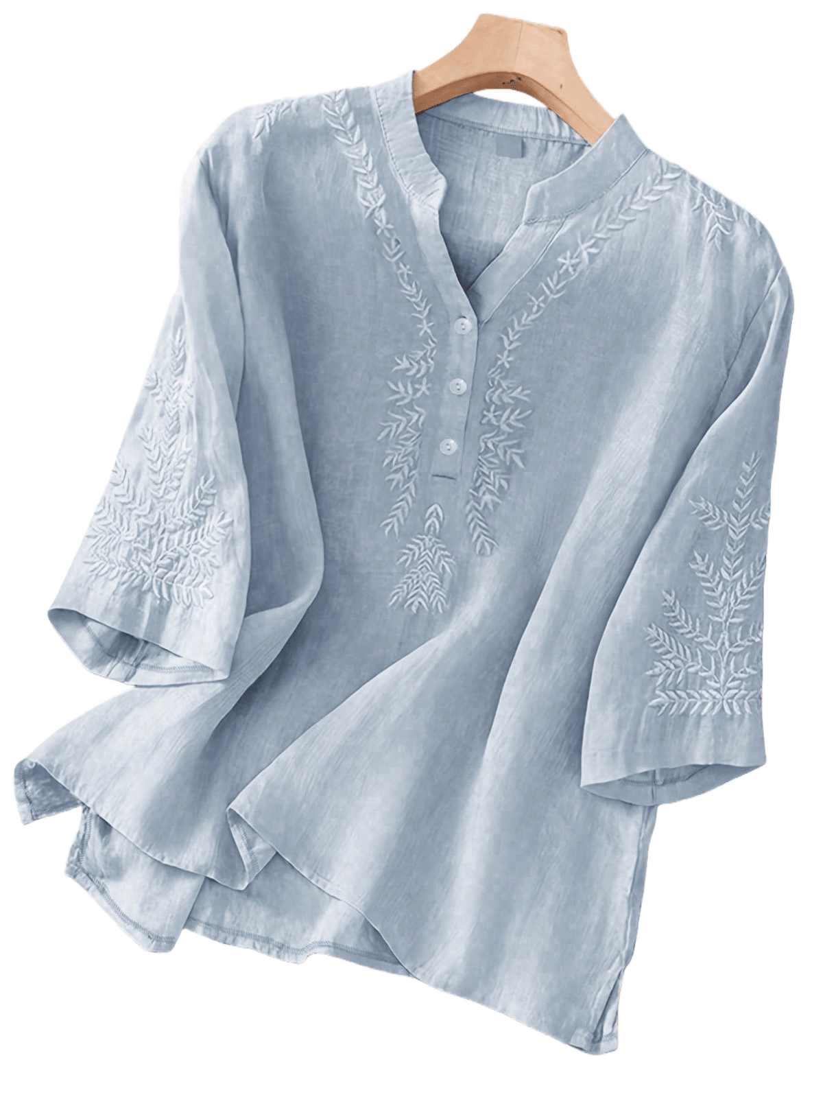 Blouse with embroidered V-neck and half sleeves for women