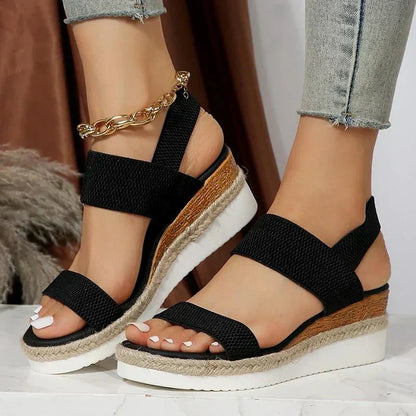 Women sandals with wedge platform and elastic slingback straps