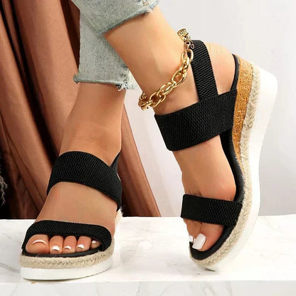 Women sandals with wedge platform and elastic slingback straps
