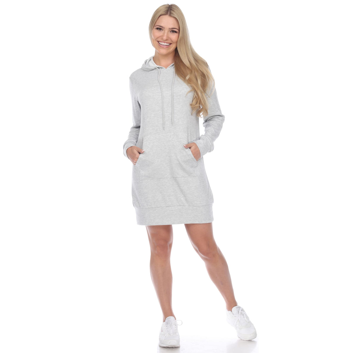 Hooded mini dress for women with long sleeves and front pocket