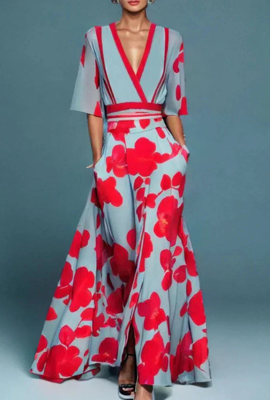 Maxi dresses for women with v-neck and three quarter sleeves