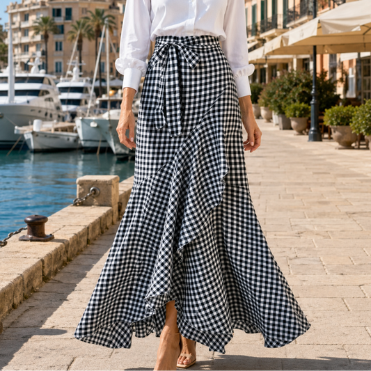 Asymmetrical ruffle maxi skirt for women with high waist