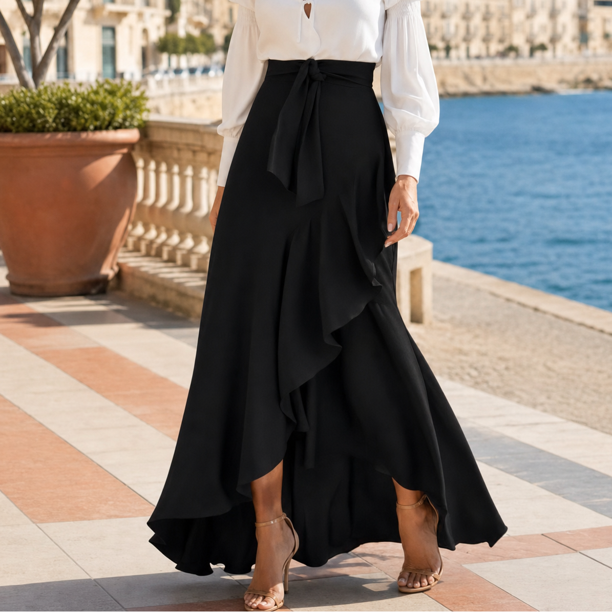 Asymmetrical ruffle maxi skirt for women with high waist