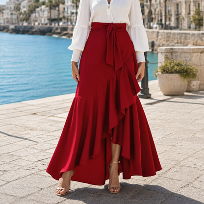 Asymmetrical ruffle maxi skirt for women with high waist