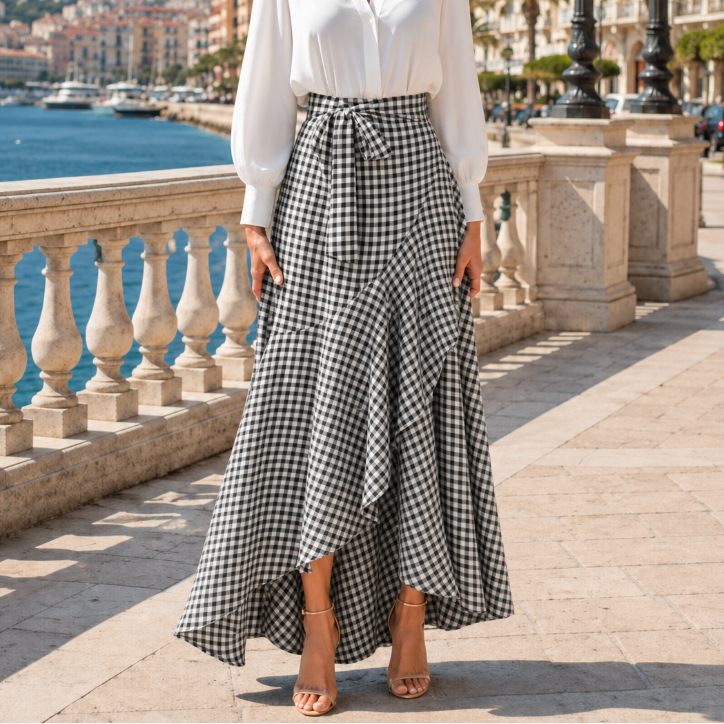 Asymmetrical ruffle maxi skirt for women with high waist