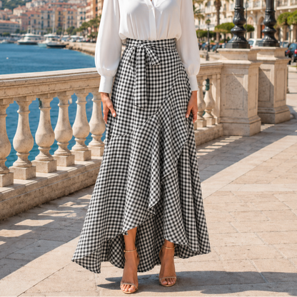 Asymmetrical ruffle maxi skirt for women with high waist