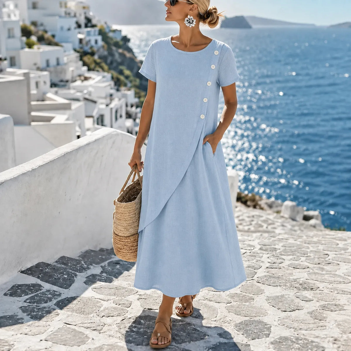 Summer dresses for women, short sleeve midi dress with pockets