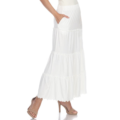 Tiered maxi skirt for women with ruffled hem, A-line fit and side pockets