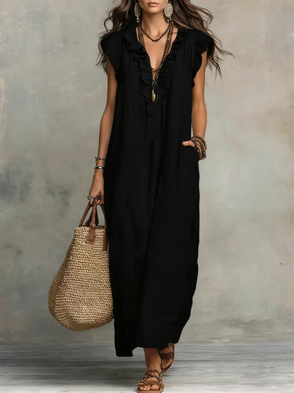 Maxi dresses for women with V-neck and ruffle cap sleeves