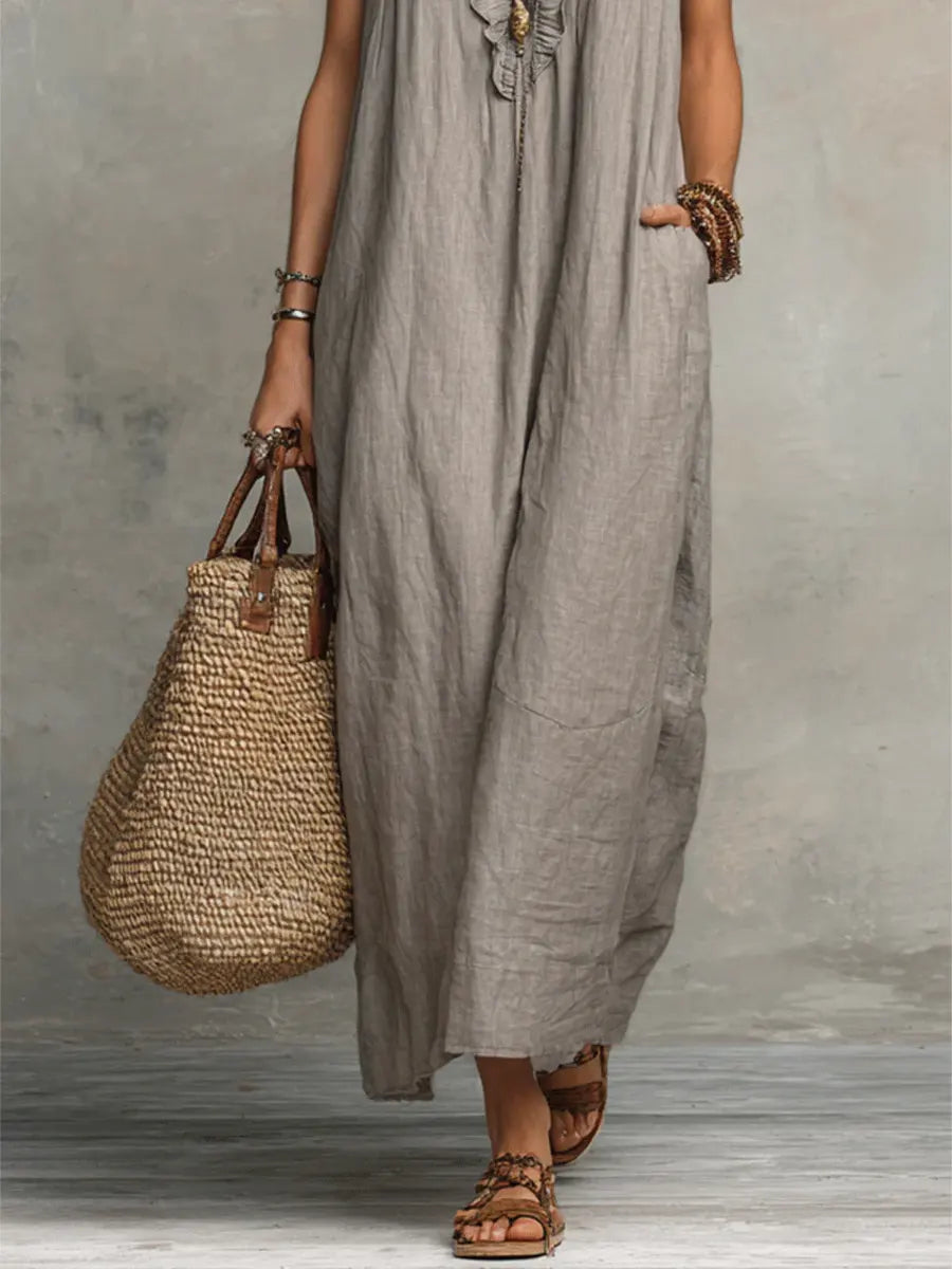 Maxi dresses for women with V-neck and ruffle cap sleeves