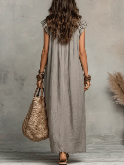 Maxi dresses for women with V-neck and ruffle cap sleeves