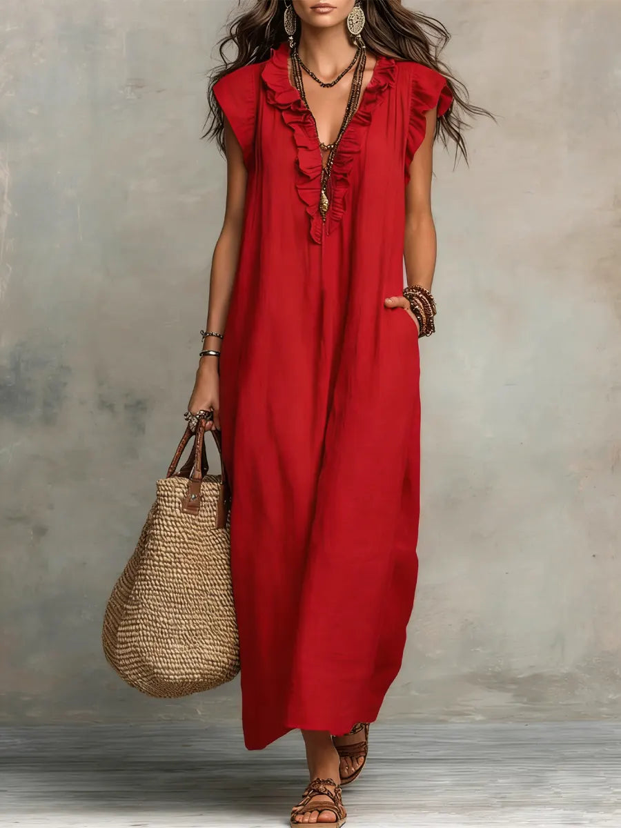 Maxi dresses for women with V-neck and ruffle cap sleeves