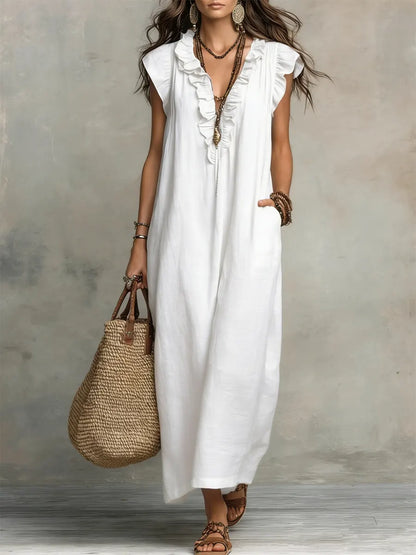 Maxi dresses for women with V-neck and ruffle cap sleeves