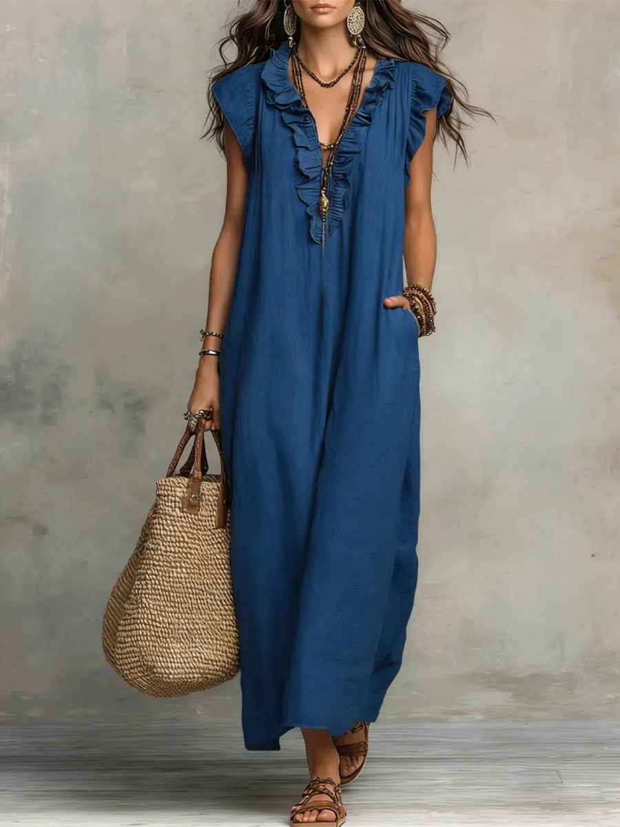Maxi dresses for women with V-neck and ruffle cap sleeves