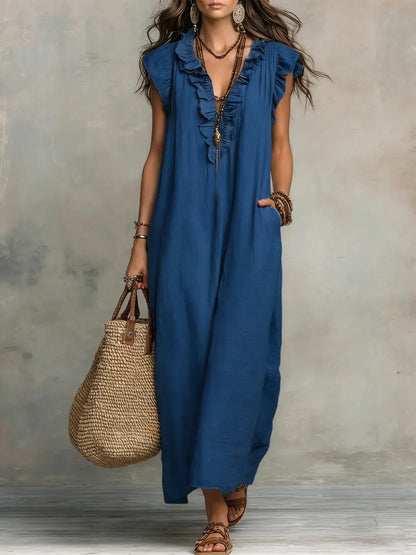 Maxi dresses for women with V-neck and ruffle cap sleeves