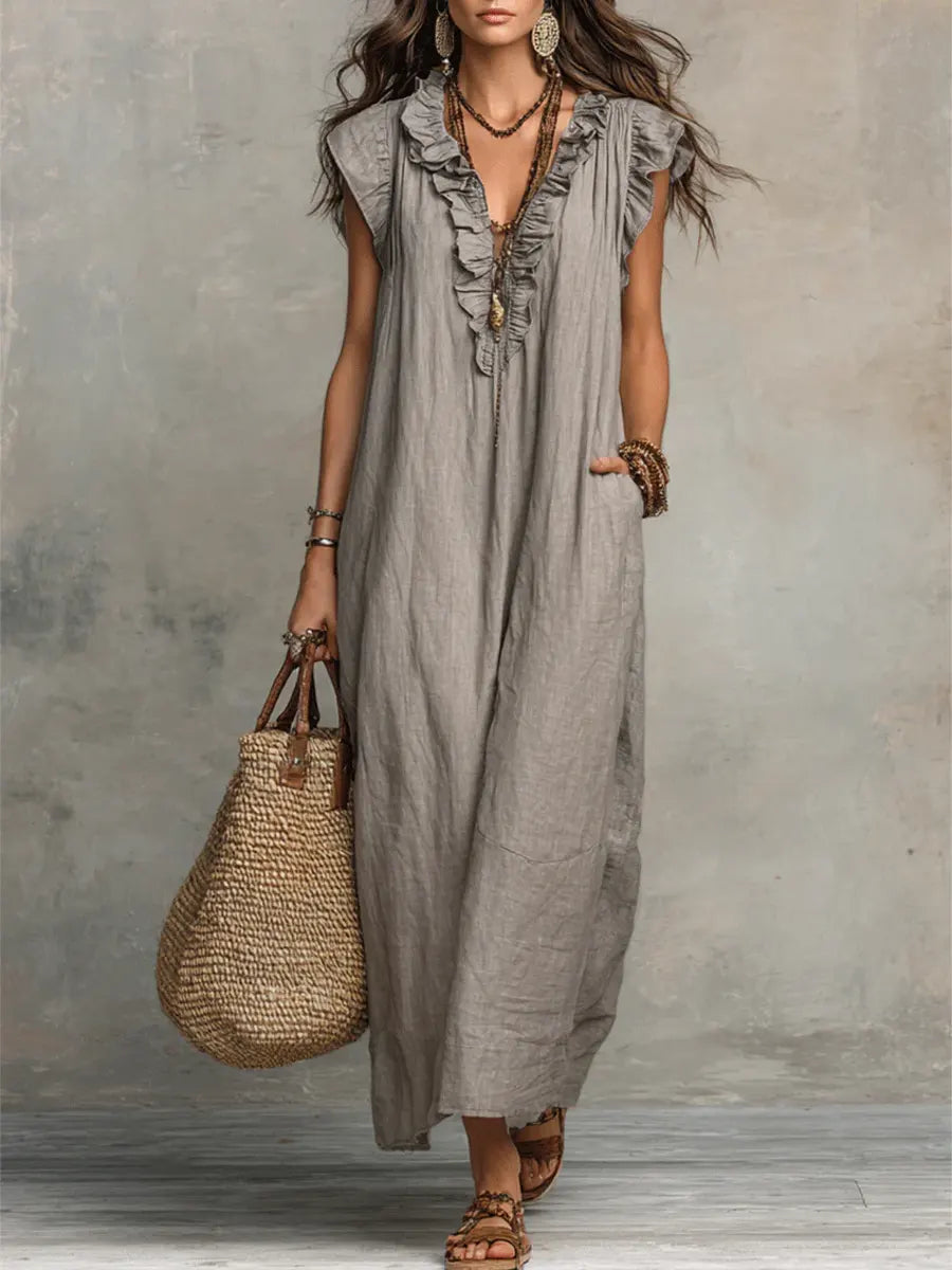 Maxi dresses for women with V-neck and ruffle cap sleeves